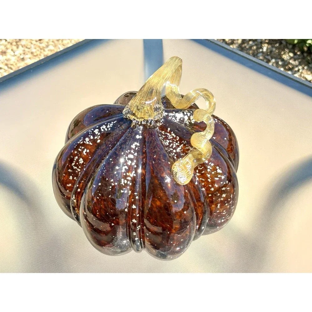 Large Amber Gold Brown Glass Pumpkin w/ Silver Sparkles & Ribbed Gold Stem 7.5